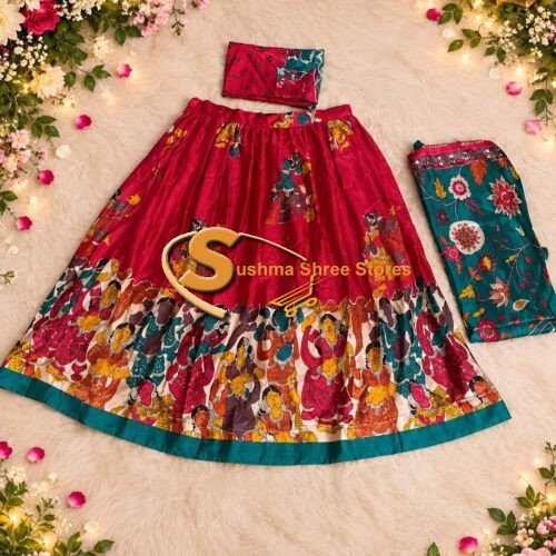 Red Gaji silk lehenga with red blouse and sea green dupatta