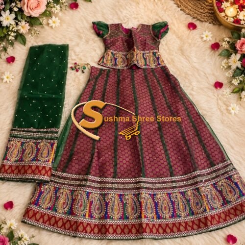 Green net jackart lehenga for kids