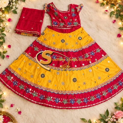 Cotton orange and red Ghaghara for kids