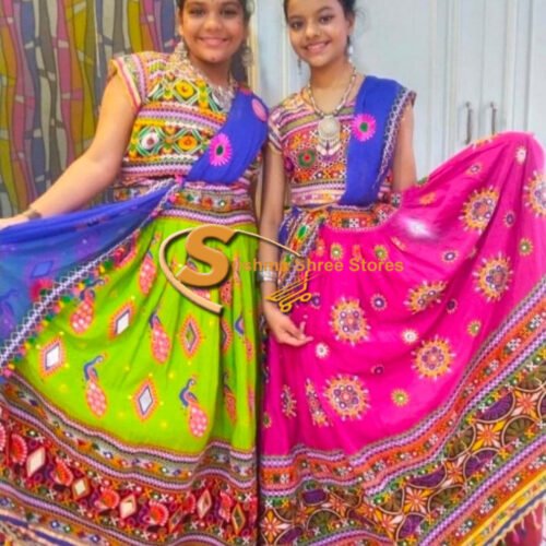 Vibrant Green and Pink Navratri Chaniya Choli with Mirror Work